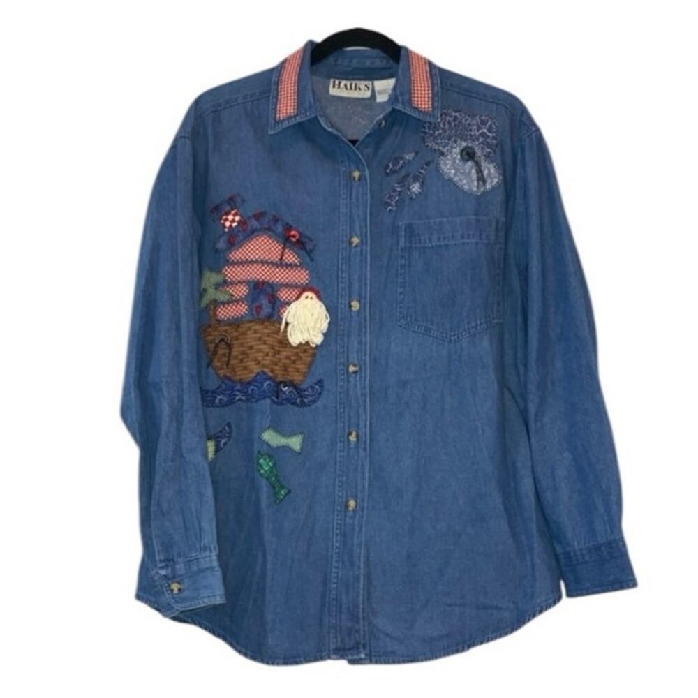 Vintage Santa Claus Embroidered Denim Button-Down Whimsical Folk Art Haiks Med